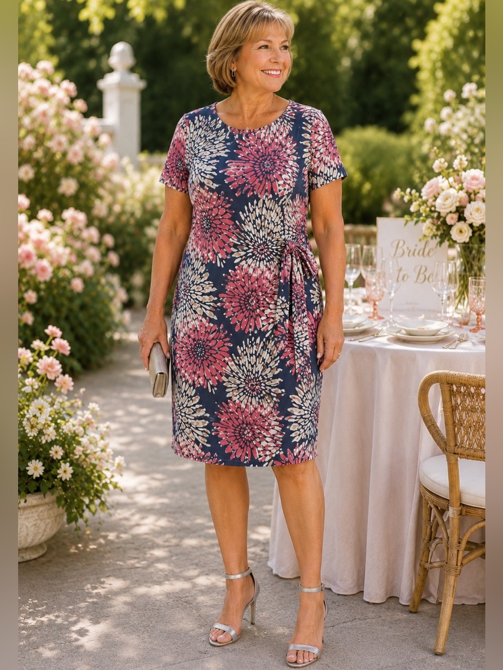 Floral Midi Dress in Coral and Navy - Classic Women's A-Line